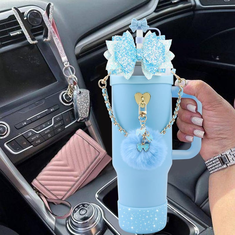SEMATA Bling Accessories for Stanley Cup 40oz & 30oz Tumbler Including Silicone Cute Bow Straw Topper Cover, Silicone Boot for Stanley Cup,Leather Water Bottle Handle Strap, Charms(Blue) - Image 5